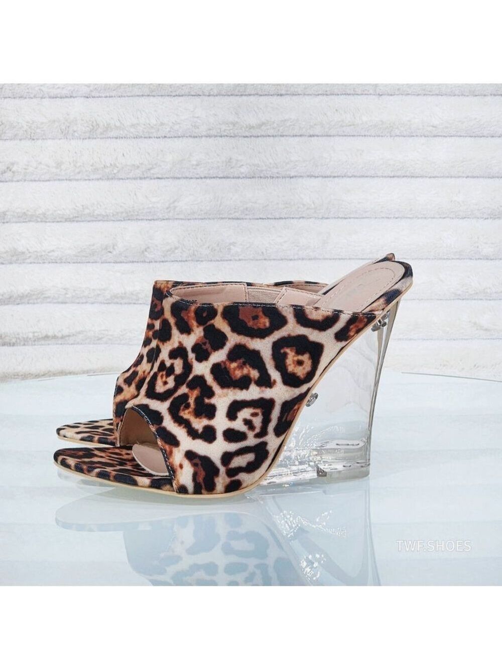 Leopard Print Slip On 4.5" High Heel Clear Wedge Boa Babe
